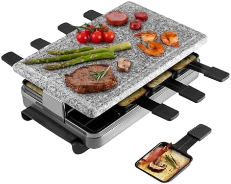 Swissmar Classic 8-Person Raclette Party Grill - Indoor Electric Grill & Griller with Reversible Cast Iron Grill Plate/Crepe Top - Anthracite Black
