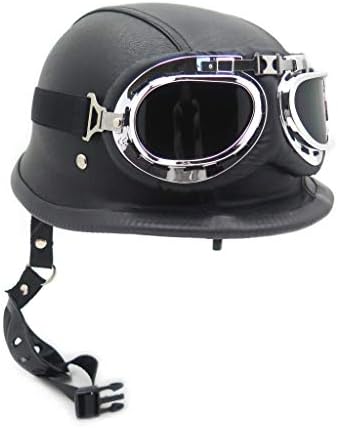 MT506-002-XL- DOT German Black Leather Motorcycle Half Face Helmet Biker Pilot Goggles XL