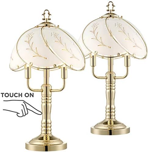 Polished Brass Flower Petal 15" Small Table Lamp Gold Touch 4-Way Glass Off | Etched Shade Art Traditional Cottage Floral Bedroom House Bedside Nightstand Home Office Living Room