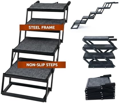 Foldable Dog Stairs for Cars Trucks & SUVs - Heavy-Duty Carbon Steel Pet Ladder Supports 230LB - Non-Slip Metal Mesh Joint-Friendly Portable Ramp for Large Dogs - 5 Step Pet Stairs w/Mat