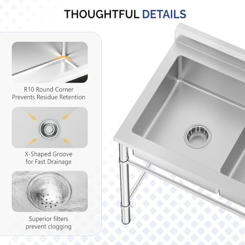 Bonnlo 3-Compartment NSF 304 Stainless Steel Utility Sink Commercial Grade Laundry Tub Culinary Sink for Outdoor Indoor, Garage, Restaurant, Kitchen