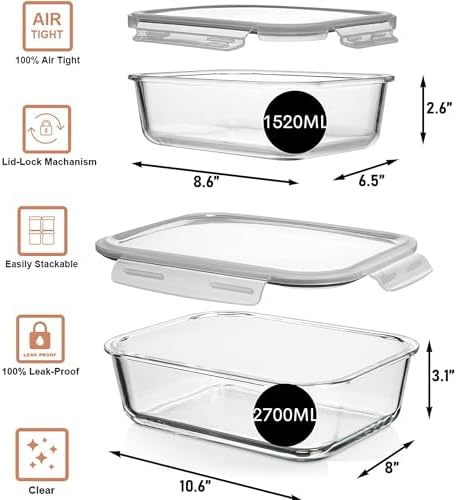 Razab 4 Pc (2700ML/ 91 Oz & 1520ML/ 51 Oz) Airtight Large Glass Food Storage Containers with Lids - BPA Free