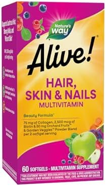 Nature's Way Alive! Hair, Skin and Nails Multivitamin, with Collagen, 60 ct | 75 mg Collagen and 2, 500 mcg Biotin per 2-Softgel Serving