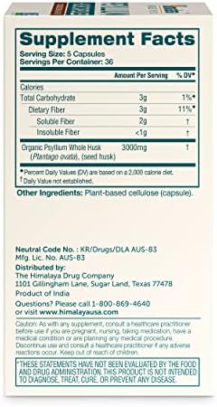 Himalaya USDA Organic Psyllium Whole Husk Powder, Natural Daily Fiber Supplement, Regularity, Appetite Management, Non-GMO, 56-Tablespoon Supply, Unflavored, 12 Oz