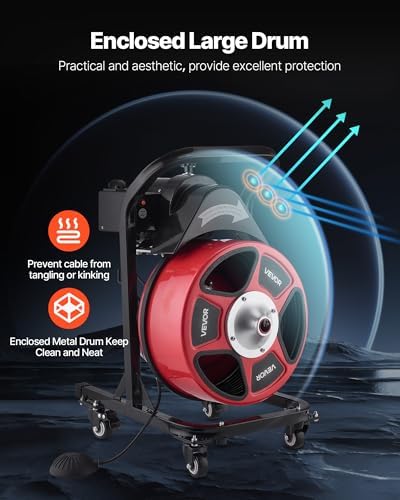 VEVOR Drain Cleaner Machine 75 FT x 3/8 Inch, Auto Feed Sewer Snake Auger on Wheels, Portable Drain Cleaning Machine with 4 Cutters & Air-activated Foot Switch for 2" to 4" Pipes