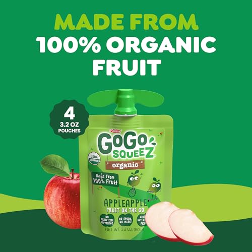 GoGo squeeZ No Sugar Added Organic Applesauce, Apple Apple, 4 Count | Kids on the go fruit snack made with applesauce & fruit puree; 3.2 oz pouches, gluten and nut free, recloseable cap, BPA-free