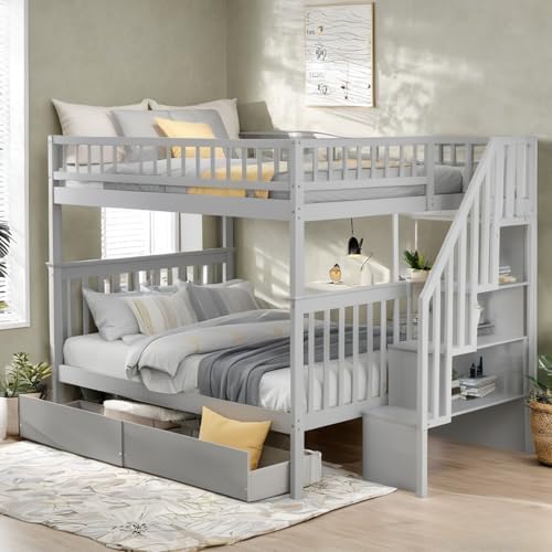 Bellemave Full Over Full Bunk Beds with Stairs Stairway Bunk Bed Frame with Storage Shelves for Teens Adult, Detachable Wood Full Bunk Bed, Gray