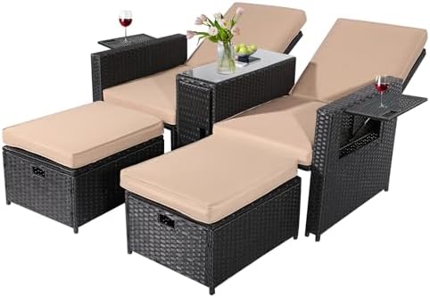 5PCS Outdoor Wicker Chaise Lounge Chair - Rattan Adjustable Reclining Patio Lounge Chair with Ottoman and Coffee Table