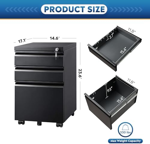 DEVAISE 3 Drawer Mobile File Cabinet with Lock, Under Desk Metal Filing Cabinet for Home Office/Legal/Letter/A4 File, Fully Assembled Except Wheels, Black