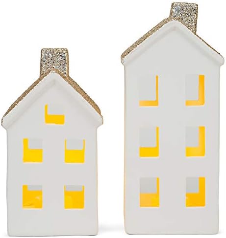 Mark Feldstein & Associates Village White Glitter 12 inch Porcelain LED Christmas Figurines 9 Piece Set