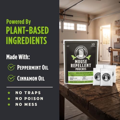 Grandpa Gus's Mouse Repellent Pouches, Natural Peppermint Oil, 4 Pouches | Cinnamon & Peppermint Oil Helps Repel Mice from Nesting in Home/Cabin/Boat/Car Storage/RV/Machinery/Shed, Kid & Pet Safe