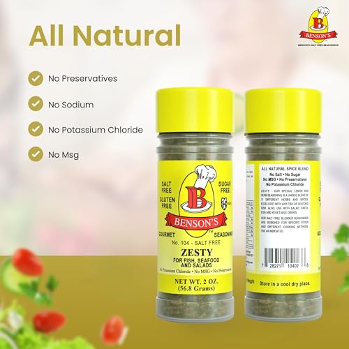 Bensons Zesty Lemon No Salt Seasoning - Sugar-Free, Gluten-Free, No MSG, No Preservatives, No Potassium Chloride - 11 Herb & Spice Salt Substitute Blend, 2 oz Shaker Bottle