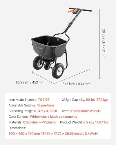 VEVOR Walk Behind Spreader, 60LBS Capacity, Push Spreader with 0-9.8 ft Spreading Width, 8 in All Terrain Pneumatic Tires