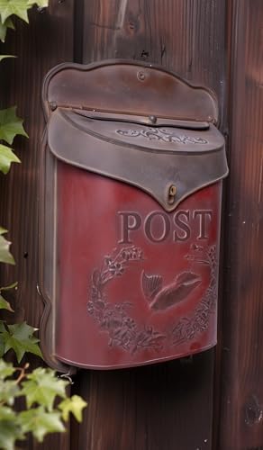 Red Co. 10.5” x 15.5” Shabby Chic Wall-Mounted Post Embossed Aged Metal Mailbox, Rusted Red
