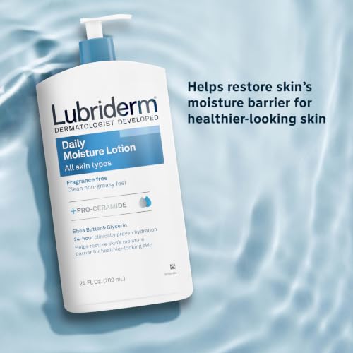 Lubriderm Daily Moisture Body Lotion, Fragrance Free, 24 fl. oz | Hydrating Face, Hand & Body Lotion + Pro-Ceramide for Sensitive Skin, 24-Hour Moisturizer with Shea Butter, Non-Greasy