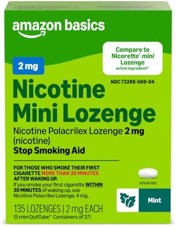 Amazon Basics Mini Nicotine Polacrilex Lozenge, 2 mg (Nicotine), Mint Flavor, 135 Count, (Previously Amazon Basic Care)