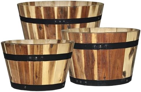 Whiskey Barrel Planter, Wooden Garden Pot, Set of 3, Acacia | Stylish Flower Plant Pots, Indoor & Outdoor Planter, UV-Resistant, Great for Patio