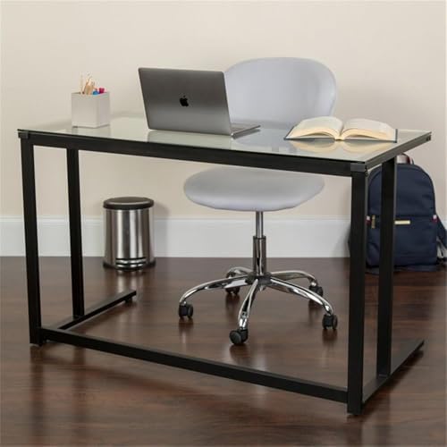 Flash Furniture Singleton Glass Desk with Black Pedestal Metal Frame | Tempered Glass Surface, Powder Coated Metal Frame