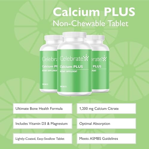 Celebrate Vitamins Calcium Plus – 600mg Calcium Citrate, 600 IU Vitamin D3 & 50mg Magnesium for Post Bariatric Surgery - Gluten-Free & Sugar-Free - 180 Non-Chewable Tablets
