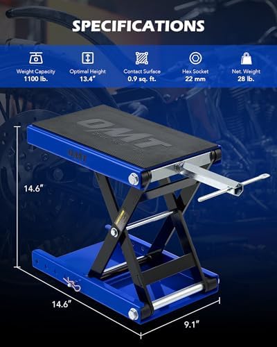 OMT 1100lb Motorcycle Scissor Lift Jack Wide Deck Motorbike Hoist Stand | Center Stand For ATV Dirt Bike Cruiser; T Handle And 3/8 Inch Socket; 3.7 To 14.6 Inch Lift; 5 Locking Holes; Chain Brush