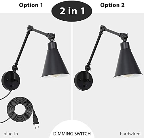 CADUKE Swing Arm Wall Lamp for Bedroom, Set of 2 Plug in Wall Light Fixture with Dimmable Switch