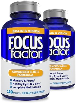 Focus Factor Adults Brain and Vision Supplement, 120 Count - Eye Vitamin, Mineral Supplement & Complete Multivitamin w/Lutein & Zeaxanthin – Brain Supplement for Focus, Concentration, Memory