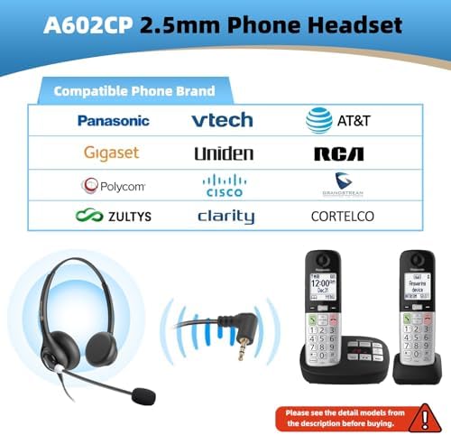 Arama Cordless Phone Headset with Microphone, 2.5mm Jack Telephone Headset for Office Landline, Noise-Cancelling Mic & Volume Control, Wired Headphones Compatible with Panasonic AT&T Vtech Uniden