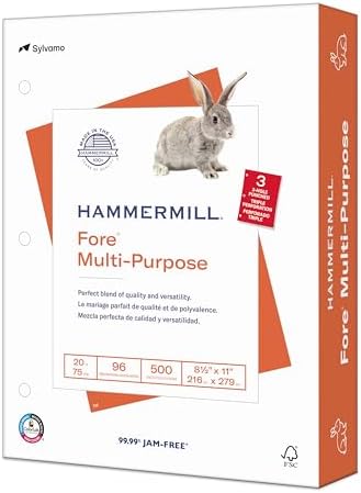 Hammermill Printer Paper, Fore Multipurpose 20 lb Copy Paper, 8.5 x 11-1 Ream (500 Sheets) - 96 Bright, Made in the USA, 103267