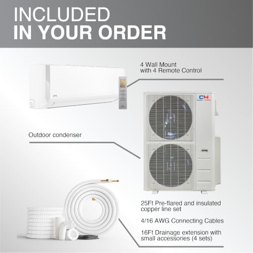 Cooper & Hunter 48,000 BTU 4-Zone Wall Mount Mini Split, 24 SEER2, 230V | 9K+12K+12K+24K BTU, Smart Kits, 25FT Install Kits, Heat Pump, Inverter, Pre-Charged, 4 Ton, Cooling & Heating, Ductless