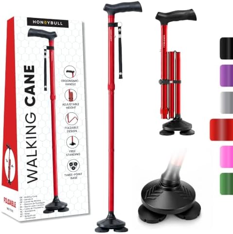 HONEYBULL Walking Cane for Men & Women, Foldable Free Standing Cane | Adjustable height, collapsible design, heavy-duty, pivot base for stable support, ergonomic handle