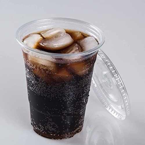 TashiBox Plastic Cups with Flat Lids 100 Sets 16 oz, Clear Crystal drink cups with lids