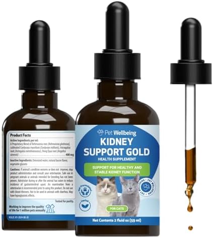 Pet Wellbeing Kidney Support Gold for Cats - Supports Normal Kidney Function & Detox, Healthy Hydration & Energy with Rehmannia & Dong Quai - NASC Certified & Vet-Formulated - 2oz Liquid Formula | NASC Certified & Vet-Formulated Liquid Kidney Support Sup…
