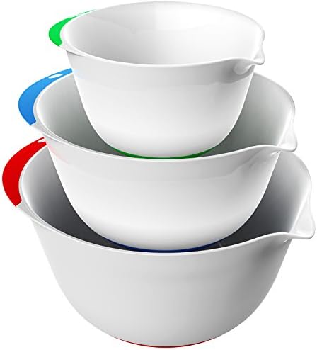 Vremi 3 Piece Plastic Mixing Bowl Set - Nesting Mixing Bowls with Rubber Grip Handles Easy Pour Spout and Non Slip Bottom - Three Sizes Small Large