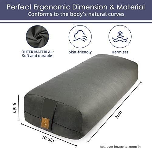 Yoga Bolster Pillow 26x10.5x5.5in Rectangular Meditation Cushion for Massage and Back Support, Breathable Cotton Fill, Zippered Organic Cotton Cover