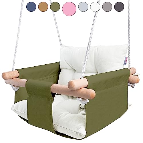 CaTeam Canvas Baby Swing Seat with 5-Point Safety Belt — Wooden Hanging Toddler Swing, Indoor & Outdoor, Ages 1-4, Ceiling Mount Hardware Included