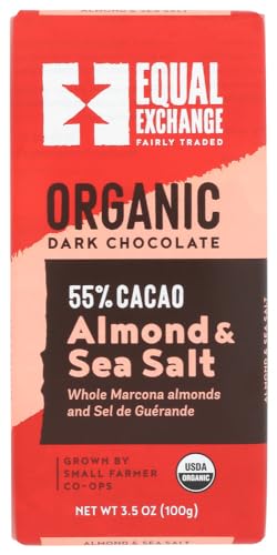Equal Exchange Organic Dark Chocolate with Almonds & Sea Salt (55% Cacao), 3.5 oz (Pack of 10)