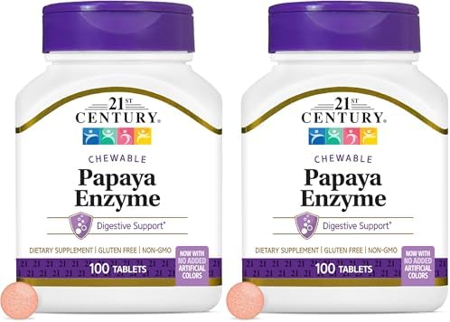 21st Century Papaya Enzyme Chewables for Digestion, Tropical, 100 Count | Papaya & Pineapple Digestive Enzymes with Bromelain & Papain, Digestive Comfort & Gut Health, Gluten Free, Non-GMO