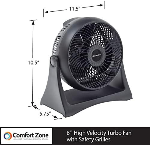 Comfort Zone Table Fan, 8 inch, 3 Speed, Personal Fan, Electric, Wall Mountable, 180 Degree Adjustable Tilt, Tabletop Fan, Desk Fan