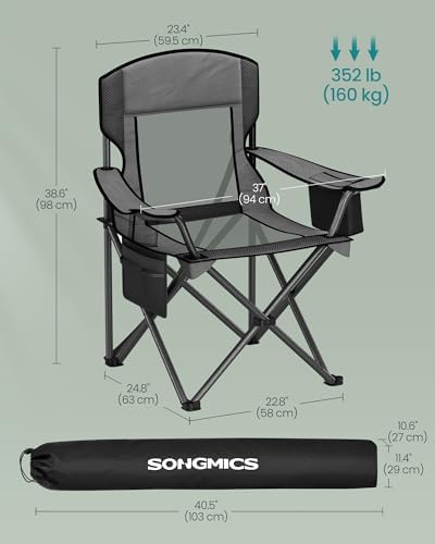 SONGMICS Camping Chair, Folding Oversized Chair, Comfortable and Heavy-Duty, 352 lb Weight Capacity, Adjustable Armrests with Cooler Bag, Storage Bag, Breathable Mesh, Bijou Blue UGCB060Q01