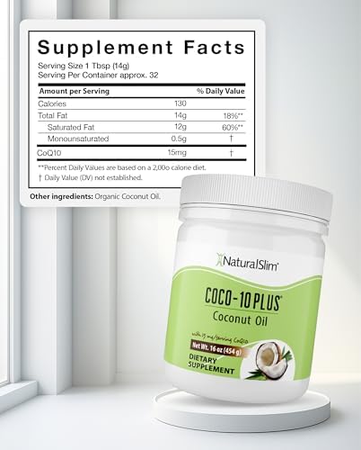 NaturalSlim Coconut Oil with CoQ10, MCT Oil, Fresh Flavor | MCT Oil Organic Coconut Oil for Baking, Mixing with Shake, Smoothies, Coffee