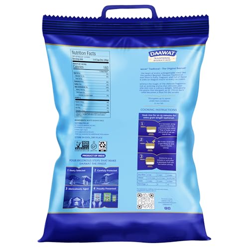 Daawat Traditional Basmati White Rice - 10 lb Bag | Authentic Extra Long Grain Basmati Rice - Great for Curries, Pilafs & Indian Recipes - Cook in Microwave or on Stove Top