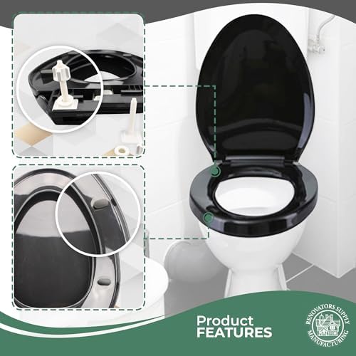 Renovators Supply Manufacturing Plastic Soft Close Toilet Seat Elongated Quiet-Close Lid, Contoured Seat, Easy to Install and Clean, Grip-Tight Bumpers with Adjustable Mounting Hardware, Black