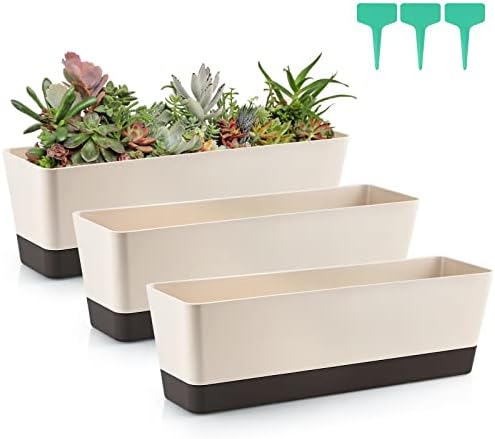 Skelang 3 Pcs Rectangular Plant Pot, 12" Watering Container with Drainage Hole, Window Planter Box with Saucer for Succulents, Flowers, Indoor Plants