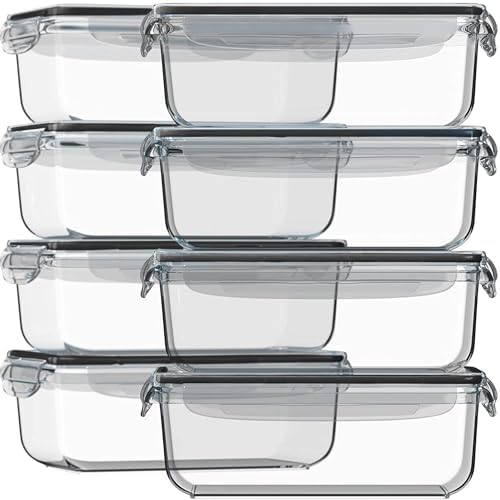 Razab 16 Pc (Set of 8) 30 Oz Glass Meal Prep Containers with Lids, Airtight Large Glass Food Storage Containers, Reusable Leak Proof BPA Free, Freezer to Oven and Dishwasher Safe