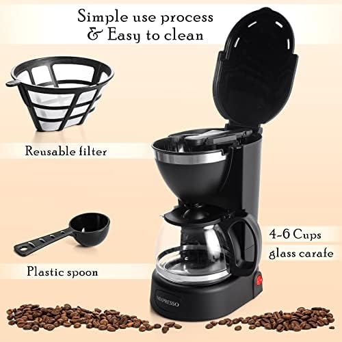 Mixpresso 5 Cup Drip Coffee Maker, Coffee Pot with Reusable Filter, Black | Glass Carafe Coffee Machine with Auto-Off, Anti-Drip, Water Window and Easy On/Off Switch for Convenient Everyday Brewing