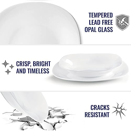 Bormioli Rocco Parma Set Of 6 Pasta Bowls And Soup Plates, 8.75 Inch Tempered Opal Glass, Clean White, Linear & Curved Design, Dishwasher Safe