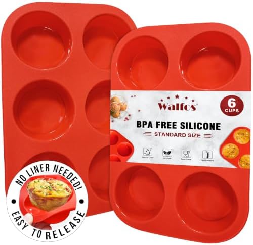 Walfos Silicone Muffin Pan - 6 Cup Non-Stick Silicone Cupcake Pan, Just Release! Food Grade and BPA Free Baking Cups, Perfect for Egg Muffin, Cupcake
