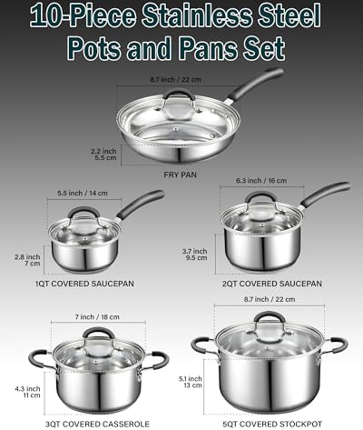 Cook N Home Professional Stainless Steel Cookware Set, 10-Piece | Pots and Pans Kitchen Cooking Set with Stay-Cool Handles, Induction Ready