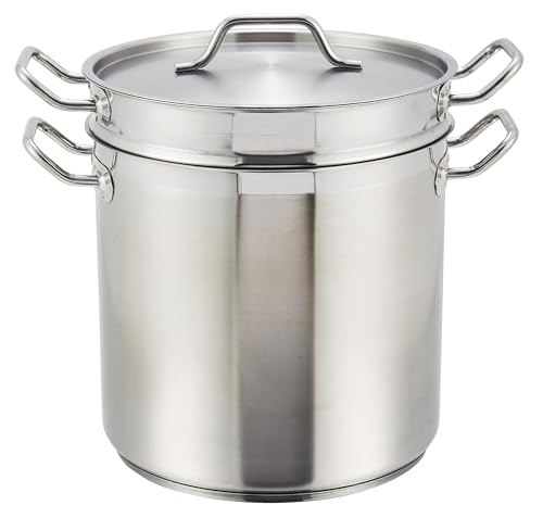 Winco 8 qt Stainless Steel Double Boiler with Cover | Gentle heat prevents scorching, Secure riveted handles, Induction compatible