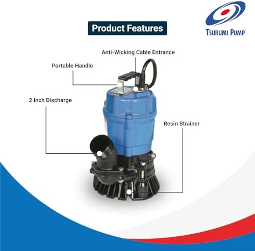 Tsurumi Pump HS2.4S Submersible Trash Pump with Agitator 1/2 HP 115V 2 in Discharge Ideal for dewatering applications with sand, solids